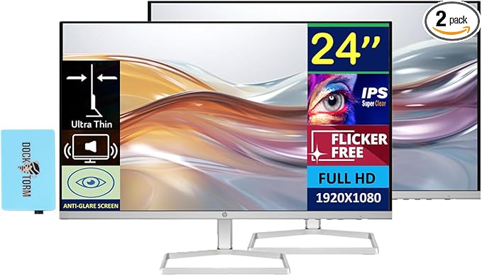 HP Series 5 524sa Monitor with Speakers (Replaces M24fwa) 24" 100Hz IPS FHD 99% sRGB 300 Nits Display, Adjustable Tilt, Flicker-Free, Anti-Glare, White/Silver w/DKZ USB Port Expander (2 Pack)
