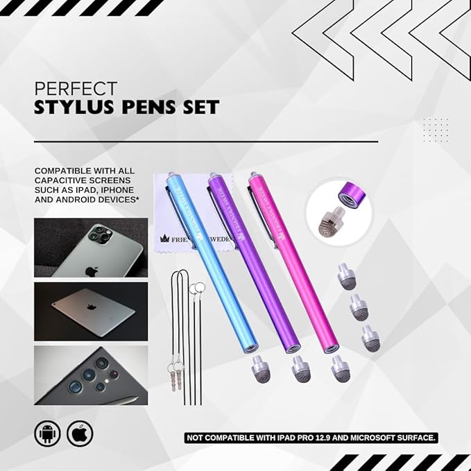 The Friendly Swede Mesh Tip Stylus Pen for Touchscreen — 3-Pack Micro-Knit Capacitive Stylus Pen for iPad & iPhone with 3 Replaceable Fiber Tips, Elastic Lanyards & Screen Cleaning Cloth