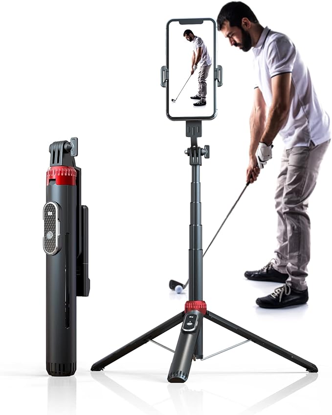 62" Phone Tripod & Selfie Stick for Golf Training, Extendable Cell Phone Tripod Stand with Wireless Remote and Phone Holder, Golf Training Aid - Compatible with iPhone Android iPhone