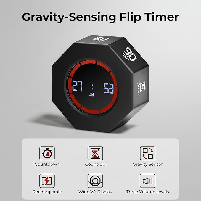 Rechargeable Pomodoro Timer, 8-Angle Auto-Rotating Screen with Gravity Sensor, Digital Timers for Classroom, Small Kitchen Timers for Cooking, Work and Study (Space Gray)