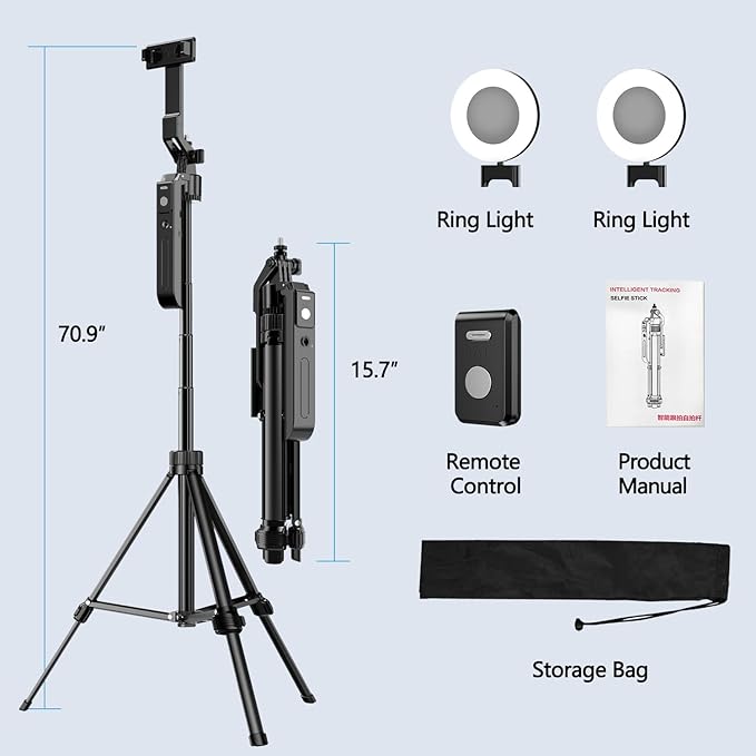 70.9" Auto Face Tracking Tripod 360° Rotation with Lights, Motion Sensor Phone Tripod Stand Selfie Stick with Remote, Face Body Gesture Control Phone Camera Holder for Vlog/Live Stream/Video Recording