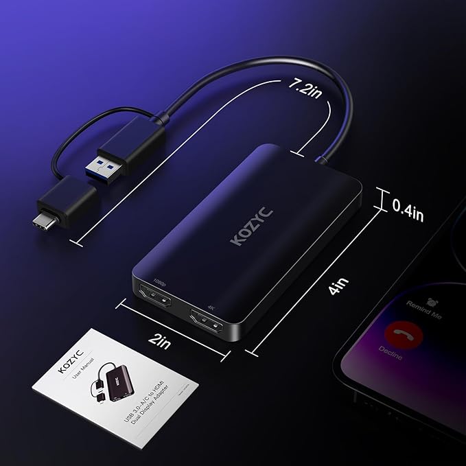 USB 3.0 to HDMI Splitter Extended Display Dual Monitors, USB 3.0-A/C to Dual HDMI Adapter 4K@30Hz+1080p@60Hz Compatible MacBook/MacBook Pro Air Dell (MST Support MacOS/Windows)