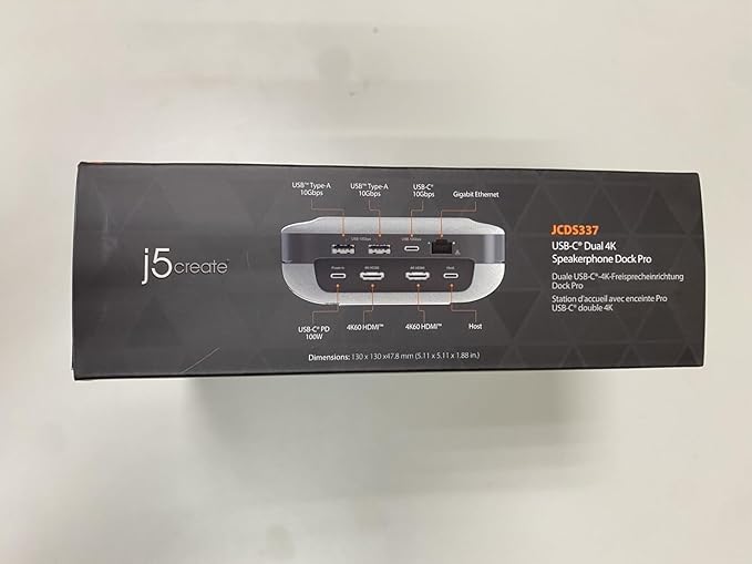 j5create USB-C Dual 4K Speakerphone Dock Pro, Dual 4K HDMI Audio Dock for Video Conference, USB-A x 2, USB-C, Gigabit ethernet, Pass-Through Charging - Works with Teams, Zoom (JCDS337)