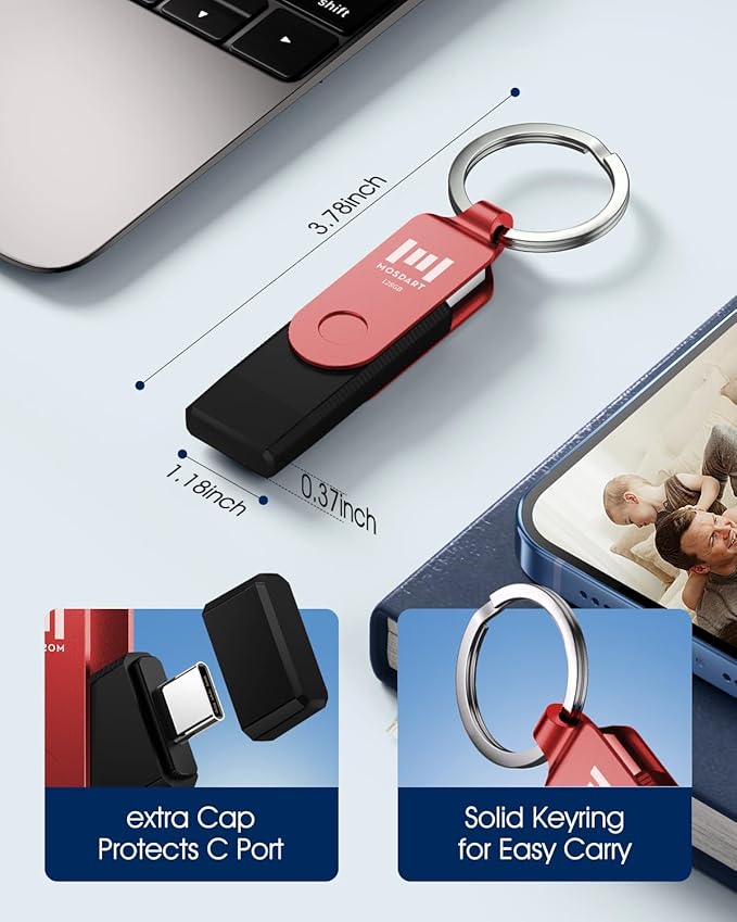 MOSDART 128GB USB3.1 Fast Speed C and A Dual Flash Drive, exFAT Memory Stick with Keychain and LED Indicator, for iPhone 15 and 16, Android Phone, iPad, MacBook, and Other Laptops, Red