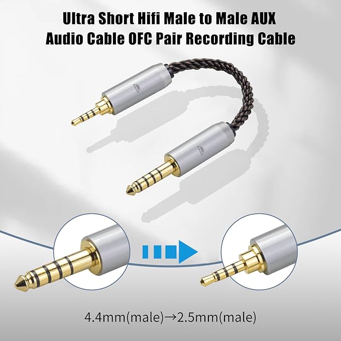 okcsc 4.4MM Male to 2.5MM Male Ultra Short Hifil Male to Male AUX Audio Cable OFC Pair Recording Cable Wire-Breakage-Prevention Design Adoption of 8-Core Braided Structure 5.82 inch