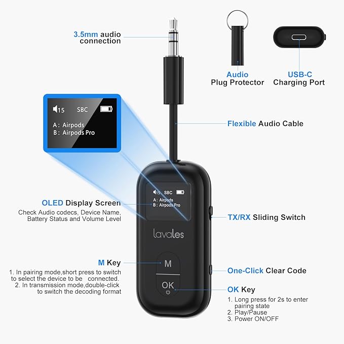 Bluetooth 5.3 Transmitter Receiver for Airplane to 2 Headphone – AptX Low Latency, 100ft Long Range, 25H Playtime, 2-in-1 Wireless Bluetooth Audio Adapter W/Screen for TV, Tablets, Speakers