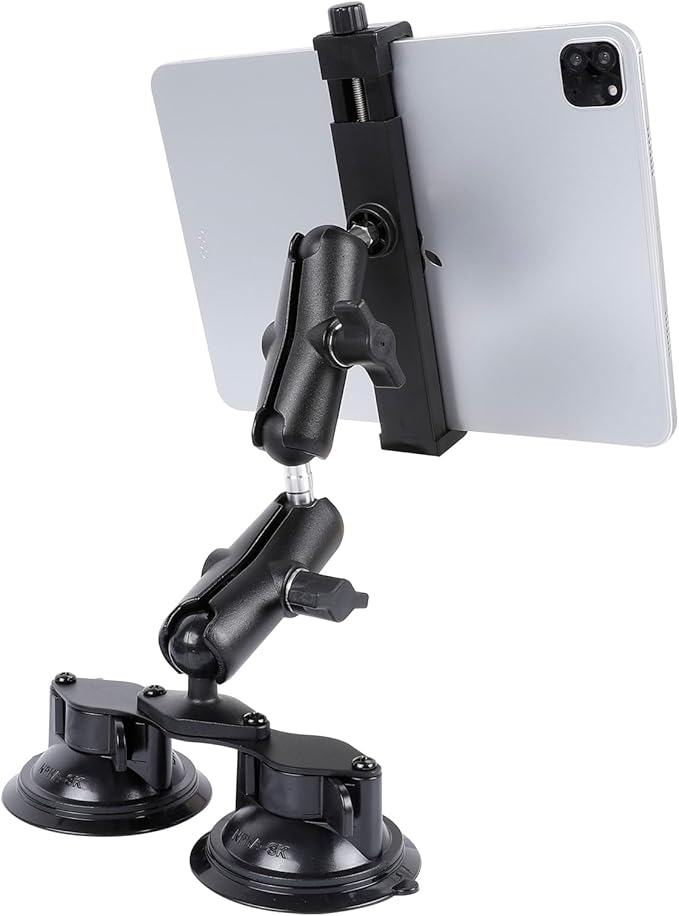 Dual Suction Cup Tablet Mount for Truck/Car, 13.4 Inch Aluminum Arm, 360° Adjustable 2-Stage Tablet Stand Holder, Compatible with iPad Pro/Air/Mini, Galaxy Tab and All 6.5-12.9" Tablets