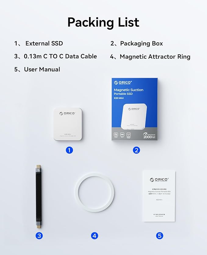 ORICO 512GB Magnetic External SSD, Aluminum Alloy, Up to 2000MB/s, 4K 120Hz ProRes HDR Record and Store, External Solid State Drive, Compatible with iPhone 16 Pro Max, Tablet, Computer - K20MINI