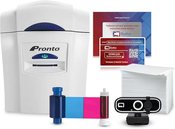 Bodno Magicard Pronto ID Card Printer & Super Supplies Package ID Software, Camera, 300 Cards and 300 Print Ribbon - Silver Edition