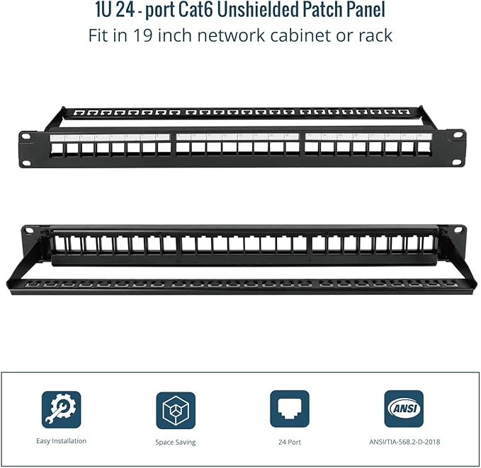 Tecmojo 24-Port Blank Keystone Patch Panel, 1U 19" Rackmount Housing with Cable Management Support Bar, Black
