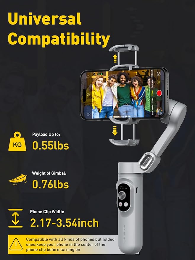 Gimbal Stabilizer for Smartphone with Face/Object Tracking for iPhone 15 14 Pro Max Android,3-Axis Foldable Phone Gimbal w/Built-in Light,1/4 Threads for TikTok YouTube Vlogging(Smart X Grey)