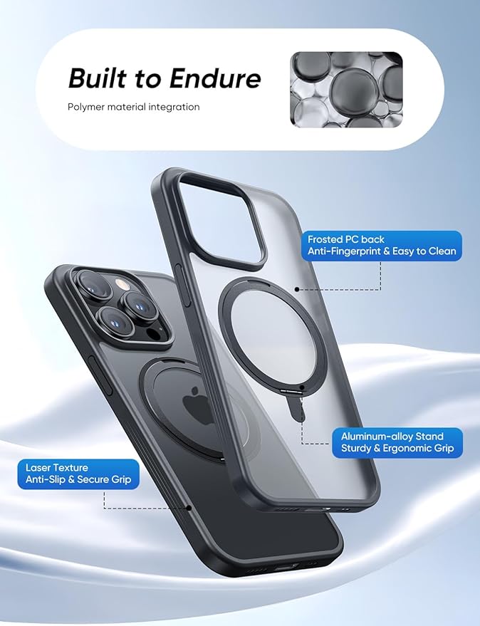 MAGIC JOHN 360° Rotatable Magnetic Invisible Stand for iPhone 15 Pro Max Case [Anti-Slip Grip] [Compatible with MagSafe] 16FT Shockproof for iPhone 15 Pro Max Case with Kickstand, Black