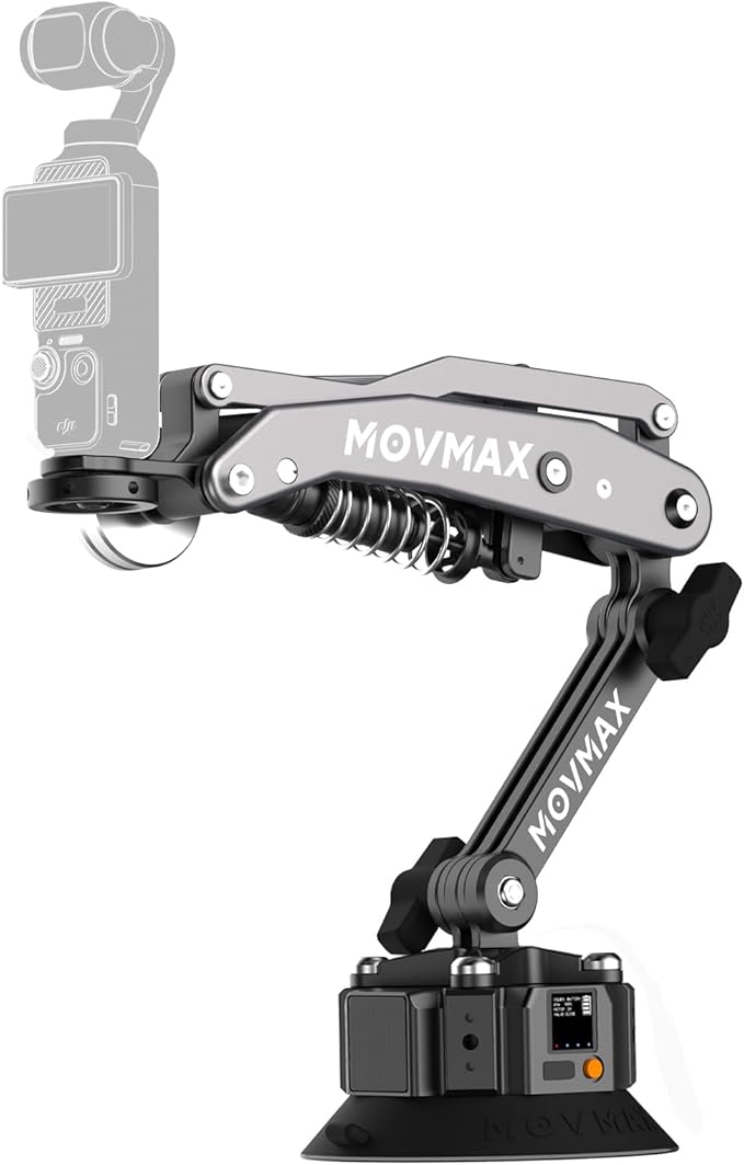 MOVMAX Blade Arm Solar Powered Electronic Suction Kit, Shock Absorber Arm Car Mount for DJI Pocket 3, GoPro Hero 13, 360 Action Cameras with Auto Pressure Detection & LCD Display, Pocket 3 Accessories