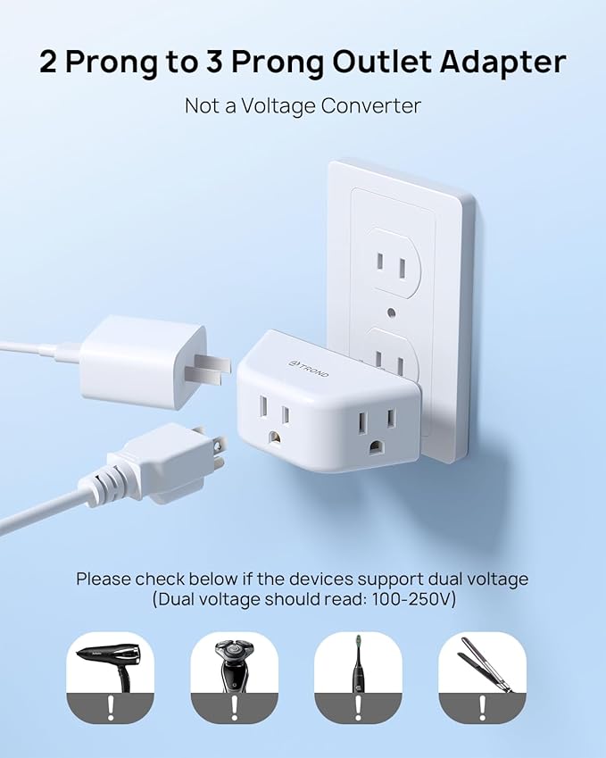 TROND 2 Prong to 3 Prong Outlet Adapter 2 Pack, 3-Way Angled Wall Extender with 3 AC Sockets, Plug Expander for Non-Grounded Outlets in Old House, Cruise Ship Essentials, White