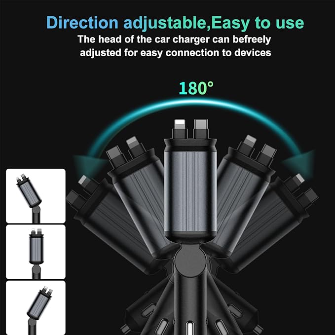 Upgraded Starlight Retractable Car Charger Adapter,4 in 1 Fast Charging Car Phone Charger,69W USB C Car Truck Accessories,Road Trip Essentials Gift for Men Women for iPhone 16/15/14/13/12,Galaxy,Pixel
