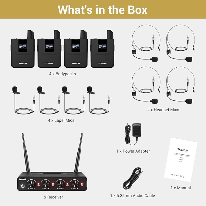 TONOR Wireless Microphones System with UHF Headset/Lavalier Lapel Mics, Bodypack Transmitter, Receiver, 4 * 10 Channels, 200ft Range for Church Conference Performance Singing Karaoke PA Speaker Mixer