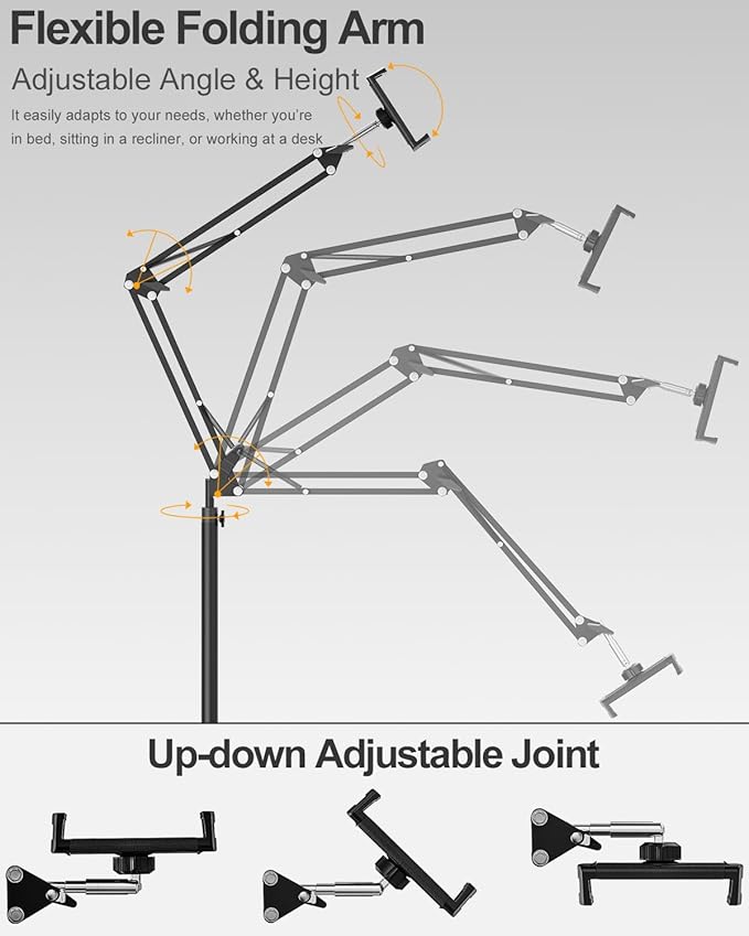 Tablet Floor Stand with 11lb Stable Base & Desk Clamp, Adjustable Height Stretchable Arm Swivel Dual Holder, Compatible with iPhone, iPad Pro Air Mini, Galaxy Tab, Kindle, Phones (4.5''-13'')