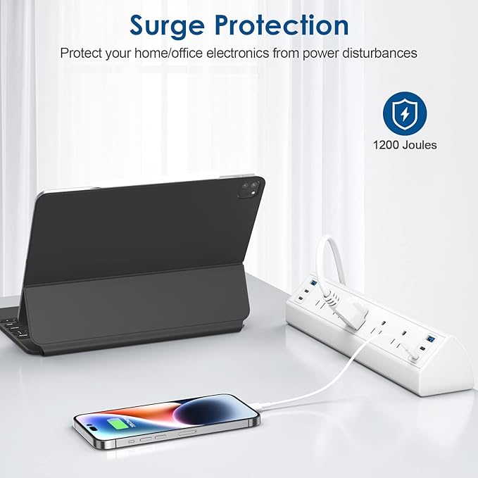 Desk Clamp Power Strip USB C,Under Desk Mount Power Station,20W Fast Charging,Fits 1.9'' Tabletop Edge,Desk Surge Protector,Perfect Home,Office Supplies (White, 5 Outlets & 6 USB Ports & 20 FT Cable)