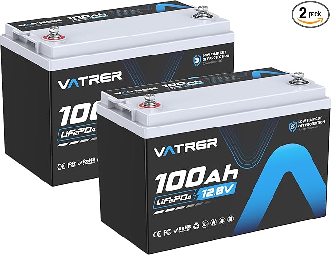 2Pack 12V 100AH Low Temp Cutoff LiFePO4 Lithium Battery with 1280W, Built-in 100A BMS, 5000+ Cycles Rechargeable Battery, Perfect for RV/Camper, Solar, and Off-Grid Applications, etc.