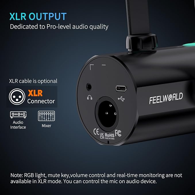 FEELWORLD PM1 XLR USB Dynamic Microphone with Desktop Stand Gifts for Podcast Recording PC Computer Gaming Live Streaming Vocal Voice-Over, Studio Metal Mic, RGB Light, Mute Button, Headphones Jack