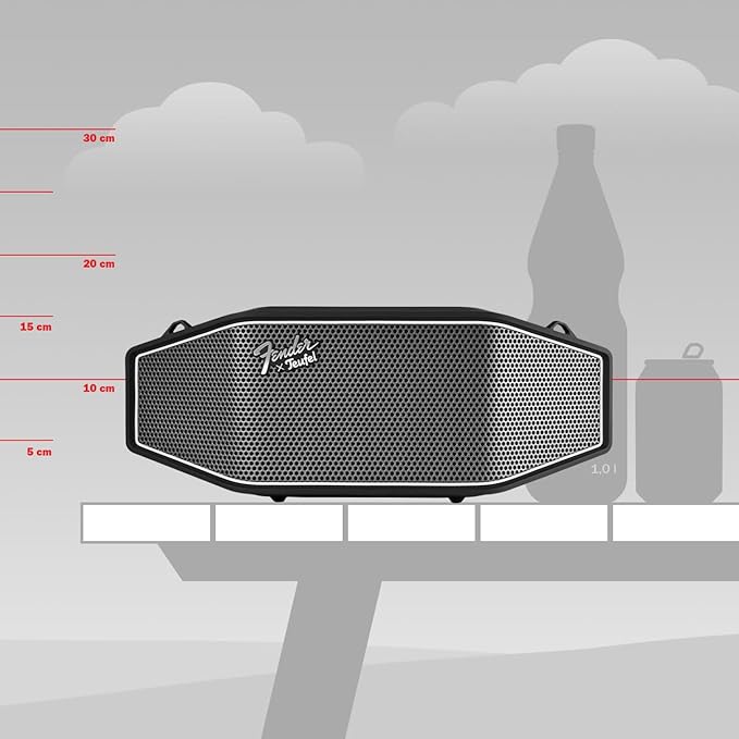 Fender x Teufel ROCKSTER CROSS Portable Wireless Bluetooth Speaker – Rugged, Waterproof, 16 Hours of Battery, Powerful Stereo Sound, Subwoofer, Built-in Power Bank, Fender Guitar Strap (Black & Steel)