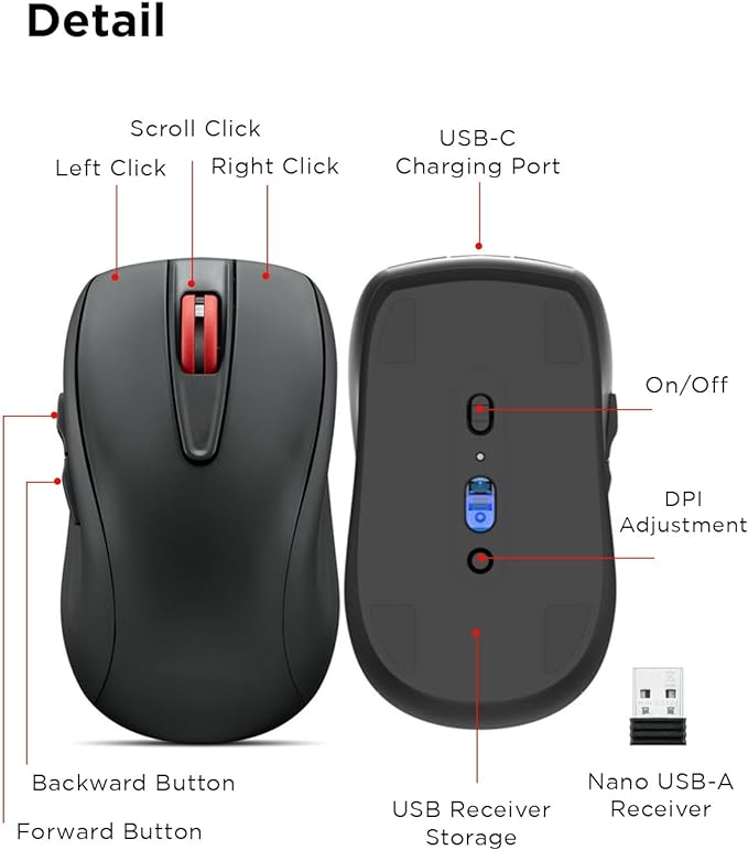 Lenovo USB-C Rechargeable Silent Mouse (WL500) - Silent Buttons, USB-C Rechargeable, Ambidextrous Grip, Adjustable DPI - Plug-and-Play 2.4G Receiver Computer Mouse (Black)