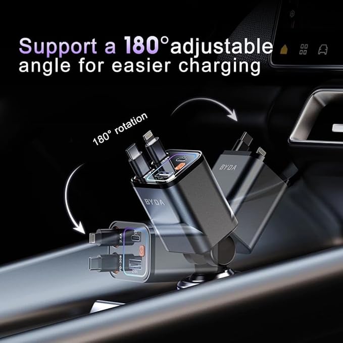 [2025 Mirco-Version] 4 in 1 Retractable Car Charger,69W Car Charger USB C,Cigarette Lighter Adapter,Fast Charging for iPhone 16e/16/15/14,13,Android (Purple, for Lightning+USB-C)