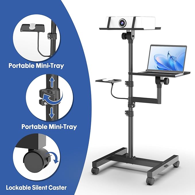 2 Shelves Mobile Projector Stand, Rolling Laptop Stand Adjustable Height to 47 Inches, Podium Stands with Ventilated Tray, Heavy Duty, Laptop Floor Stand for Office, Home, Stage, DJ