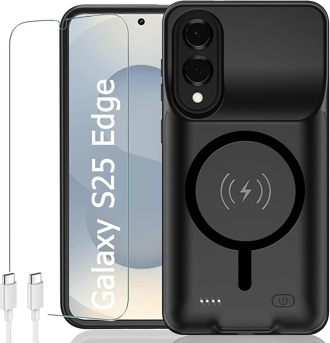 Battery Case for Galaxy S25 Edge, Upgraded 10000mAh Rechargeable Portable Extended Battery Pack Supported Qi Wireless Charging Case Compatible with Galaxy S25 Edge (6.7 inch) Charger Case (Black)
