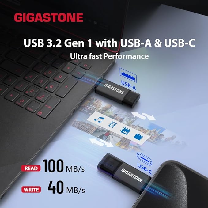 GIGASTONE 16GB Dual Flash Drive (2 Pack) Z40 USB 3.2 Gen 1, 2-in-1 Type-A & Type-C, 100MB/s Ultra Fast, Head Cap Design, Plug & Play for Smartphone/PC/Mac/TV/Car Audio, USB 2.0/3.0/3.1 Compatible
