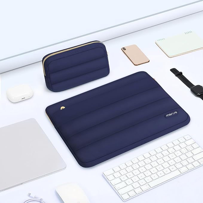 MOSISO 13.3 inch Laptop Case, 13-13.3 inch Puffy Laptop Sleeve Compatible with MacBook Air 13 13.6 M4 M3 M2 M1/Pro 13/Pro 14, HP Dell ASUS Lenovo,Polyester Horizontal Bag with Small Case, Navy Blue