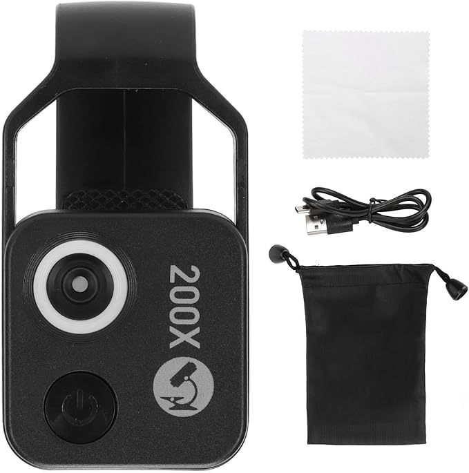 200X Phone Mini Pocket Microscope, Zoom Mobile Phone External Lens, Portable Digital Microscope Camera Attachments, with CPL Lens LED Light, Universal Clip Design (Black)