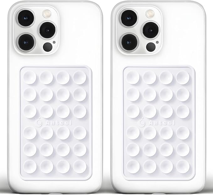 Anteel Medium-Sized Silicone Suction Phone Case Adhesive Mount, Enhanced Suction Power and Upgraded Thickened Sticky Phone Grip, Durable, Hands-Free Sticky Phone Holder, 2.28"x3.46" (WHT&WHT)