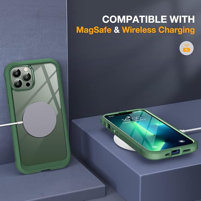 Miracase Glass Case for iPhone 13 Pro Max 6.7 inch, Upgrade Full-Body Clear Phone Bumper Case Cover with Built-in 9H Tempered Glass Screen Protector, Acacia Green