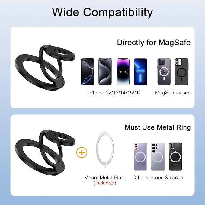 3-Fold Magnetic Phone Ring Holder, Double-Sided MagSafe Phone Grip & Stand, 360° Rotatable Kickstand for iPhone 16/15 Pro Max,14/13/12 Series,for Magnetic Car Mount, with Metal Ring for All Phones