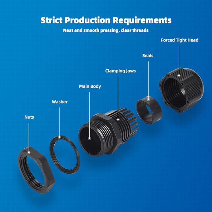 Cable Gland 20 Pack Plastic Waterproof Adjustable Connector 9-14mm PG16 Strain Relief Cord Connectors Joints Nylon with Gaskets