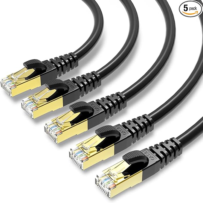 KASIMO CAT 8 Ethernet Cable Shielded SFTP Internet Network Patch Cord, Heavy Duty High Speed LAN Cables w Gold Plated RJ45 Connector Professional for Router, Modem, Gaming (5 Feet, 5 Pack Black)
