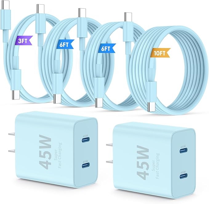 Super Fast Samsung Charger Type C,45W Dual Port USB C Fast Charger Block [2-Pack] & Extra Long 60W 3/6/6/10FT USB C Cable - PD Quick Charging 3.0 for Samsung Galaxy S25 Ultra/S24+/S23 iPhone 16