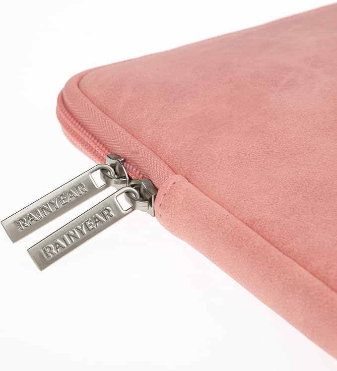 RAINYEAR 14 Inch Laptop Sleeve Protective Case PU Suede Leather Zipper Padded Cover Water Resistant Carrying Bag Compatible with 14" Notebook Computer Chromebook(Coral)