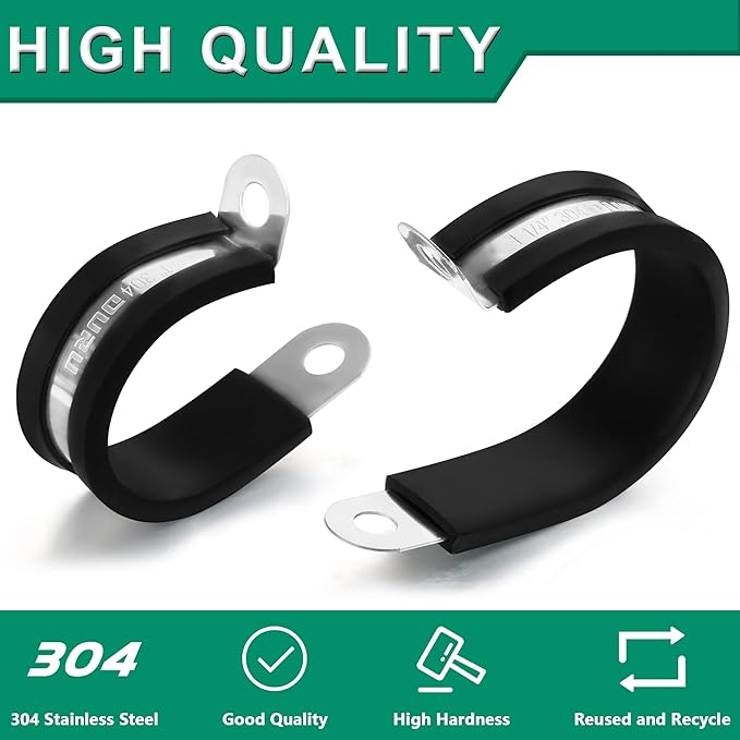 30PCS Stainless Steel Cable Clamps 9 Sizes—1/8" 3/16" 1/4" 5/16" 3/8" 1/2" 5/8" 3/4" 1" Rubber Coated Cushioned Insulated Cable Clamp,Automotive Cable Wire Clamps,Pipe Clamps(Black)