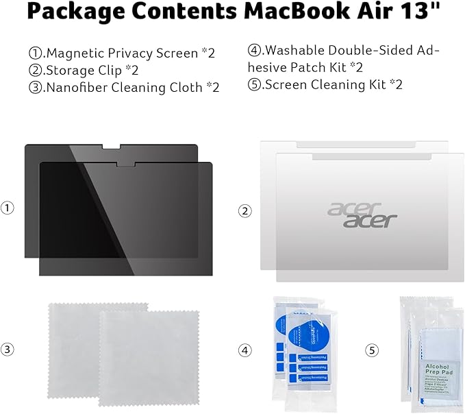 acer [2 Pack] Laptop Privacy Screen for MacBook Air 13 Inch (2022-2025 M1,M2,M3,M4), Eye Protection Anti Spy/Glare Blue Light Computer Monitor Privacy Filter, Dual-Sided Magnetic & Removable