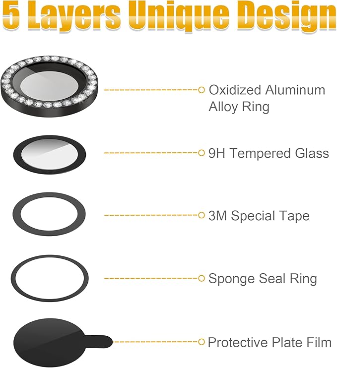 AGVEE 3+3 6 Pack for iPhone 13 Pro 6.1" / 13 Pro Max 6.7" Camera Lens Cover Protector, Bling Diamond & Bling Glitter Metal Ring 9H Tempered HD Glass Camera Cover Protector Film, Bling-Black
