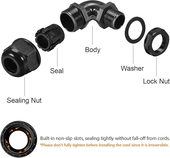 LeMotech M20 Cable Gland, 90 Degree Adjustable 9-14mm Strain Relief, Cord Connectors Nylon Joints with Gaskets, 2 Pcs, Black