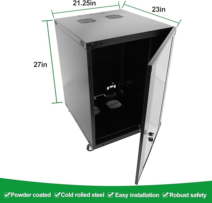 12U Server Cabinet Wall Mount Rack Enclosure with Caster Wheels 2 Server Fans Locking Glass Door Removable Side Panels 19" Network Cabinet 15-18.5" Installation Depth Heavy-Duty Frame (27INCH, 12U)
