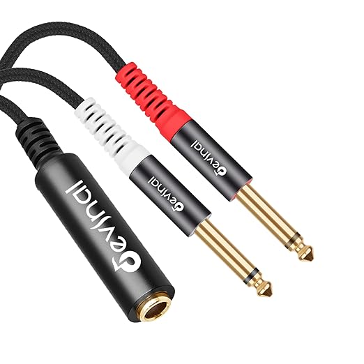 Devinal TRS to Dual TS Breakout Cable - 1/4" Female Stereo to Dual 6.35mm TS Male Adapter & 6.35mm Female to 2 x 1/4" Mono Y Splitter - 1 ft