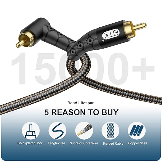 EMK 90 Degree RCA Subwoofer Cable 24K Gold-Plated Connector Nylon Braided Double Shielded – Support Digital & Analog Signals for Amplifier, Home Theater, Hi-Fi System,Subwoofer Black/15ft/5m