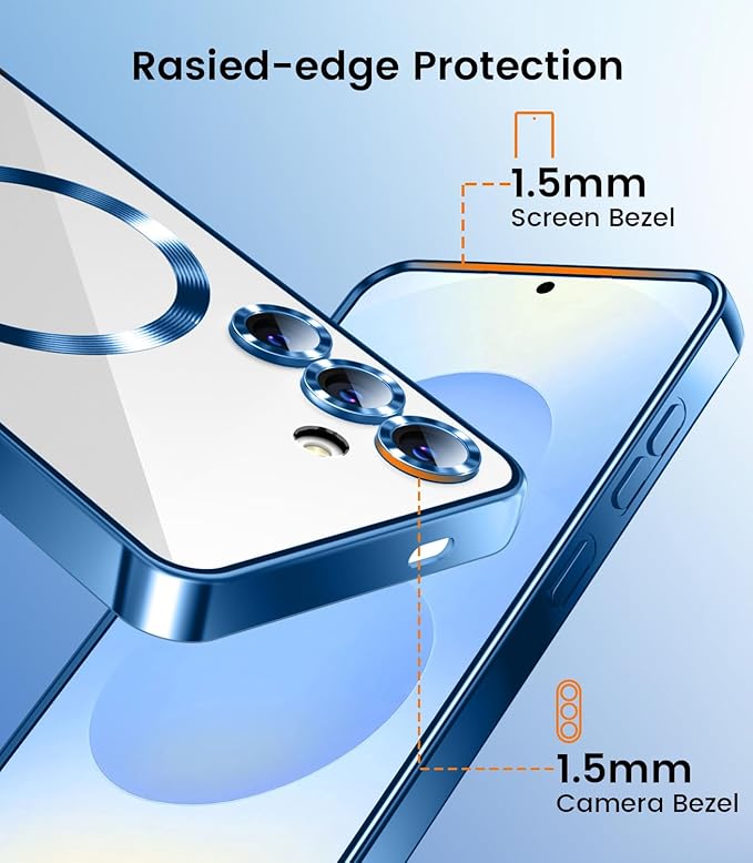 Slim Thin for Samsung Galaxy S25 Case, Compatible with MagSafe, Built-in Camera Lens Protector, Shockproof Protective Phone Case, Soft Electroplated Clear Phone Cover, Sapphire Blue