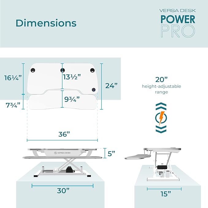 VRSADESK PowerPro™ Electric Standing Desk Converter - Height Adjustable Desk Riser with Keyboard Tray - Holds 80 lbs - Built-in USB Charging Port - Ergonomic Sit Stand Workstation | White (36 inch)