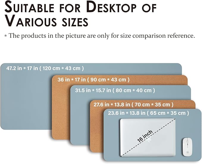 Cork Desk Mat - Dual-Sided Desk Pad for Office and Home - Desk Organization and Accessories - Ideal for Large Mouse Pad and Desk Mats on Top of Desks(Light Blue,80cmx 40cm)