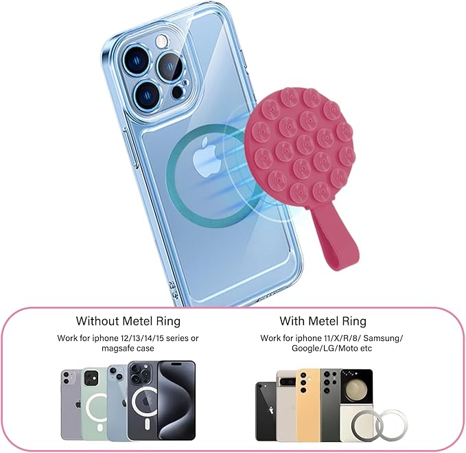 Magnetic Suction Cup Phone Mount, Silicone Suction Stand Holder, Compatible with iPhone MagSafe Phone Case, Hands-Free Mirror Shower Phone Holder Accessory for TikTok Videos, Rose Red